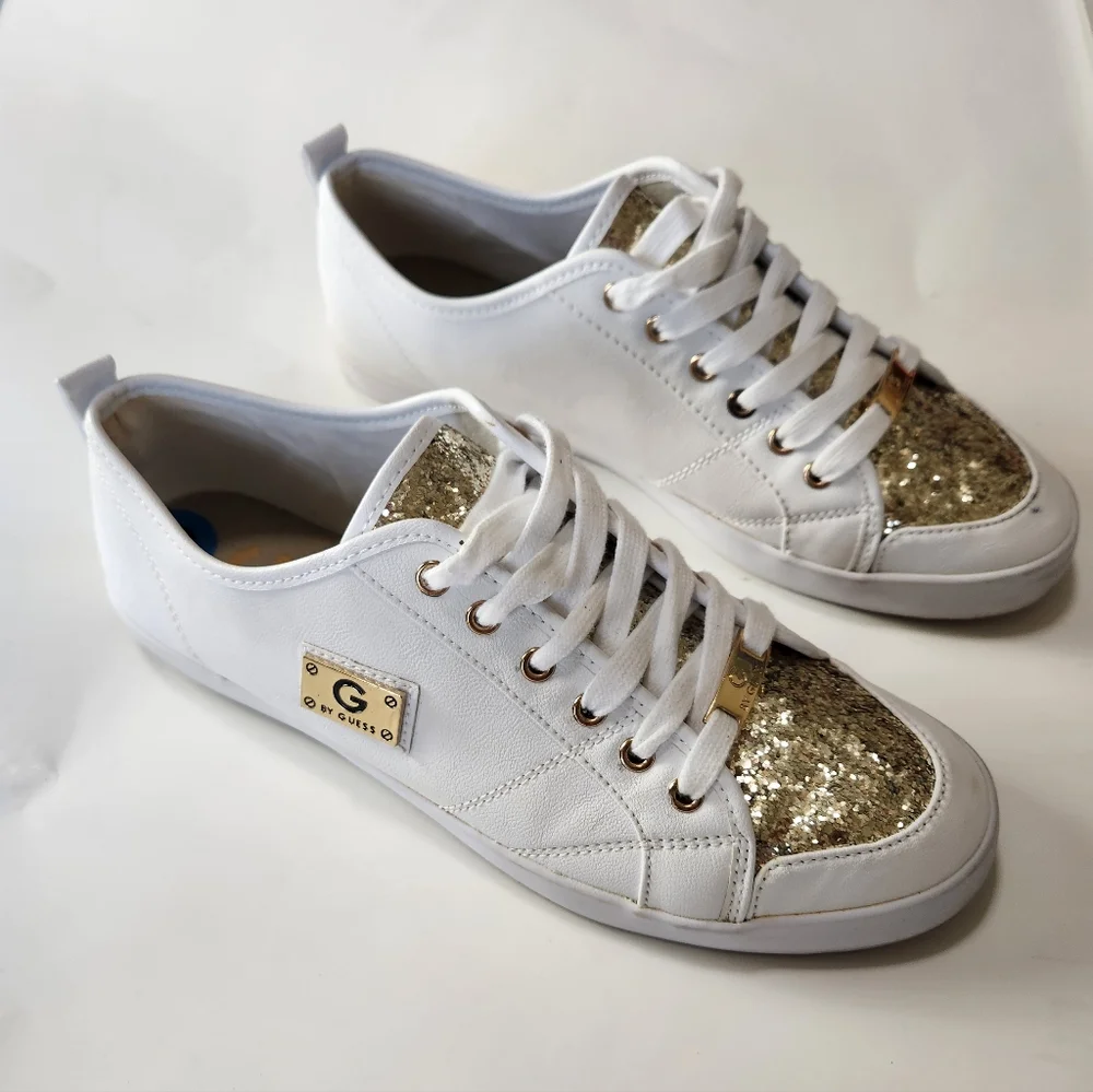 G by GUESS Mallory Glitter Lace Up White Sneakers Size 10M
